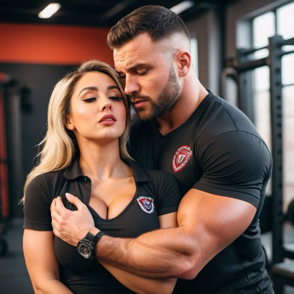 Prompt: a beautiful hot girl with a strong stocky muscular swole guy holding her from behind and choking her chest. The guy is pressing her chest from behind