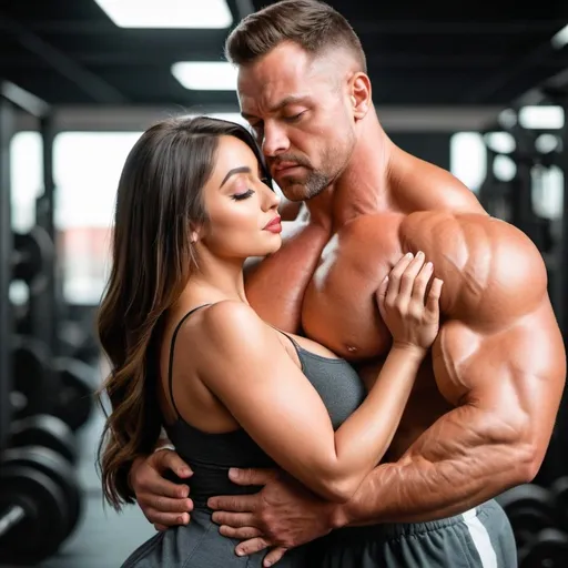 Prompt: a beautiful hot girl with a strong bodybuilder, stocky muscular swole guy holding her from behind and choking her chest. The guy is pressing her chest from behind