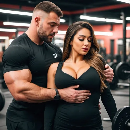 Prompt: a beautiful hot girl with a strong stocky muscular swole guy holding her from behind and choking her chest. The guy is pressing her chest from behind