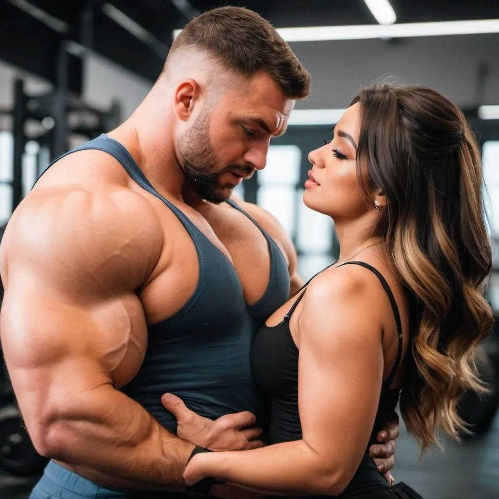 Prompt: a beautiful hot girl with a strong stocky muscular swole guy holding her from behind and choking her chest. The guy is pressing her chest from behind