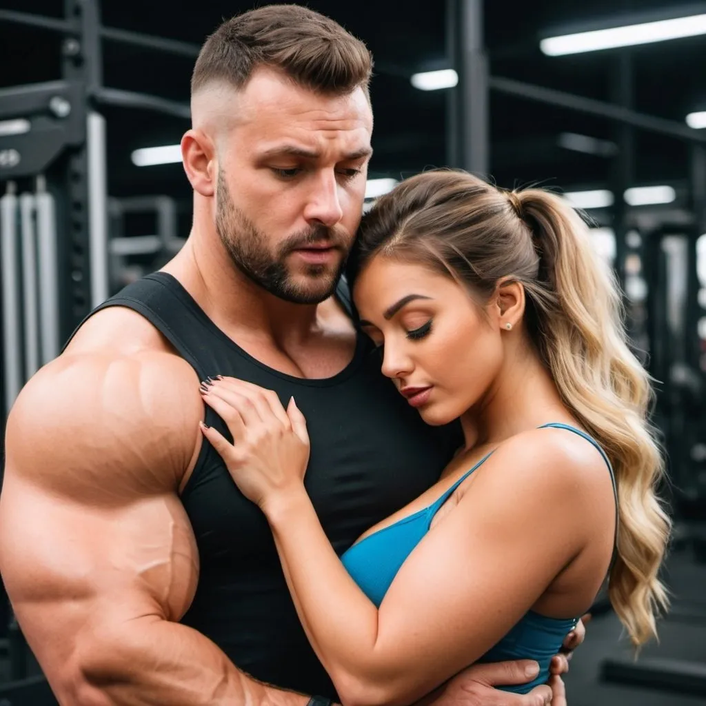 Prompt: a beautiful hot girl with a strong stocky muscular swole guy holding her from behind and choking her chest. The guy is pressing her chest from behind