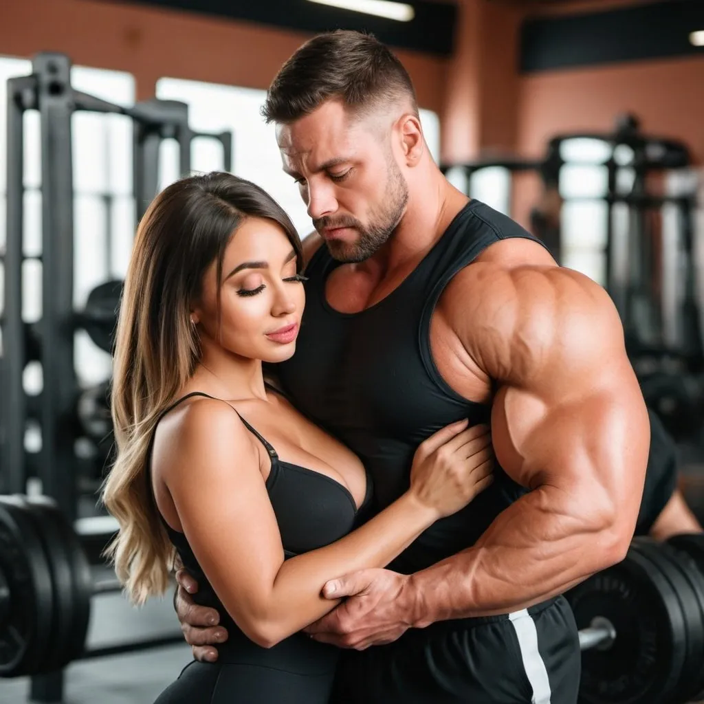 Prompt: a beautiful hot girl with a strong bodybuilder, stocky muscular swole guy holding her from behind and choking her chest. The guy is pressing her chest from behind.