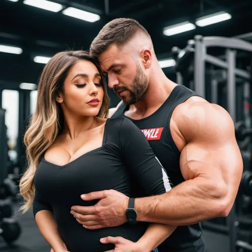 Prompt: a beautiful hot girl with a strong stocky muscular swole guy holding her from behind and choking her chest. The guy is pressing her chest from behind