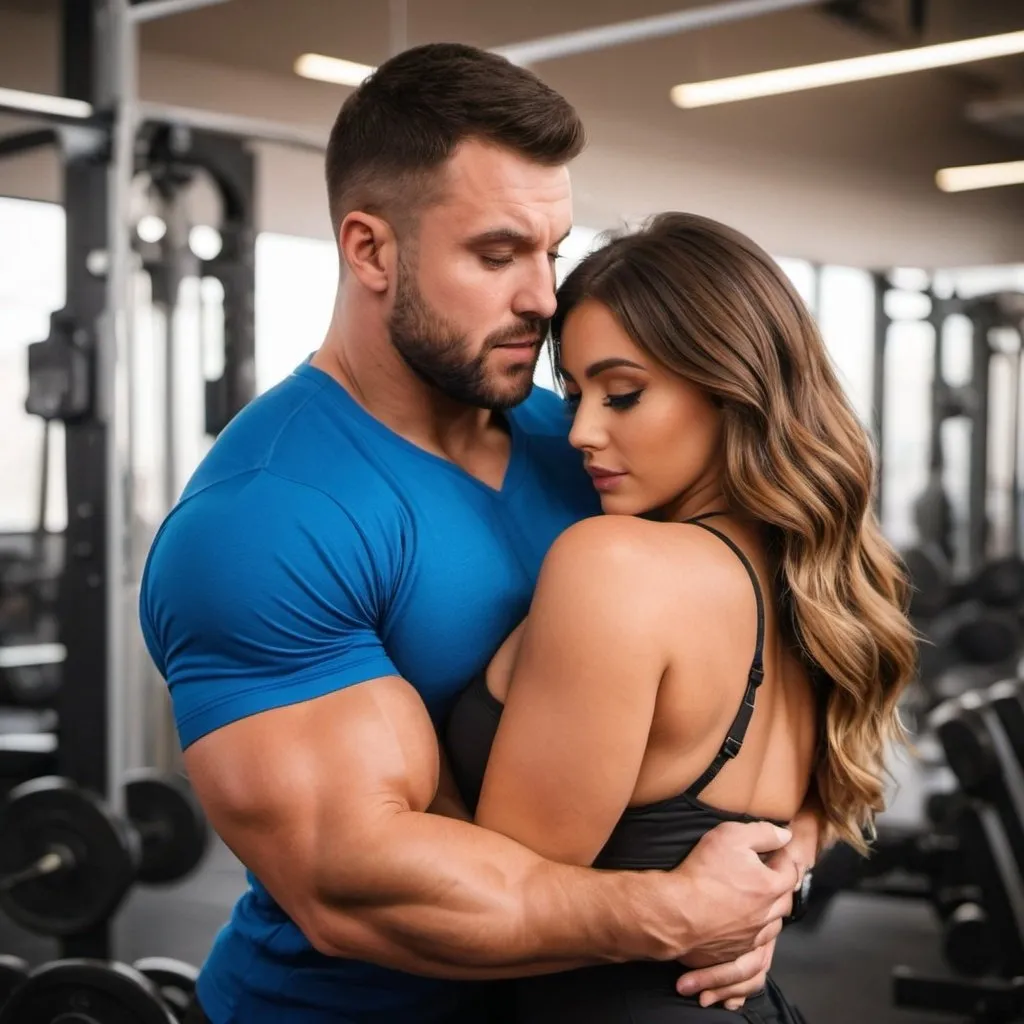 Prompt: a beautiful hot girl with a strong stocky muscular swole guy holding her from behind and choking her chest. The guy is pressing her chest from behind