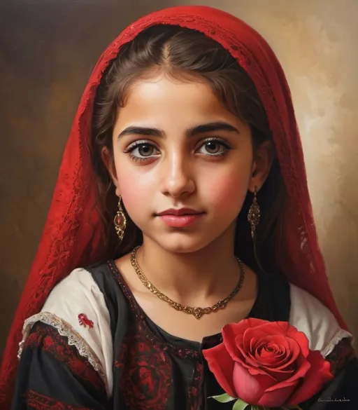 Prompt: Palestinian girl with red rose, oil painting, traditional attire, detailed facial features, vibrant colors, high quality, realistic, warm tones, soft lighting