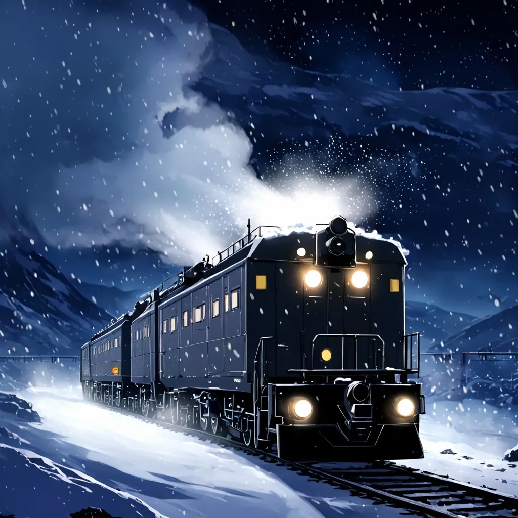 Prompt: anime, armoured train with light beam from front, blowing snow, night time, blizzard, far viewpoint, 