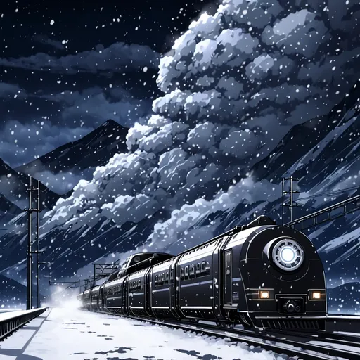 Prompt: anime, black armoured bullet style train, heavy blowing snow, night time, blizzard, far viewpoint, cloudy sky, mountain background