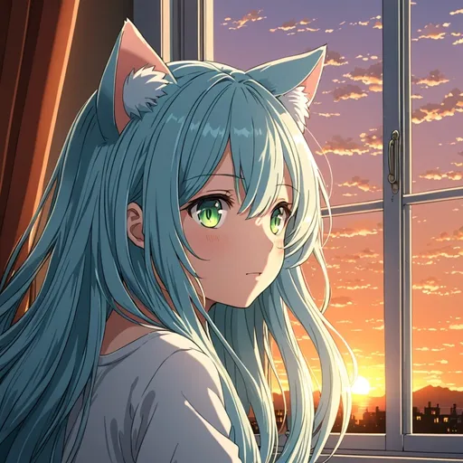 Prompt: anime, girl, detailed, light blue hair, cat ears, very detailed, light green eyes, long hair, sunset outside of an open window, light blowing hair from open window,