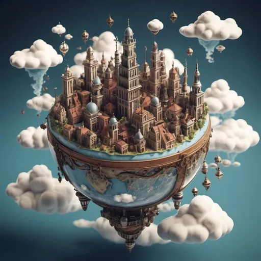 Prompt: miniature isometric world render, a city surrounded by clouds,steampunk , in the sky