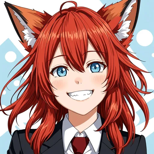 Prompt: anime, girl, detailed, red hair, happy, red fox ears, very detailed, suit, open smile, light blue eyes