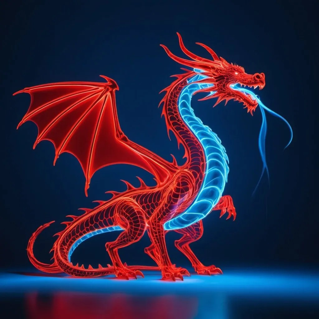 Prompt: red fantasy dragon shaped light painting blue backdrop, minimalistic, elegant line design