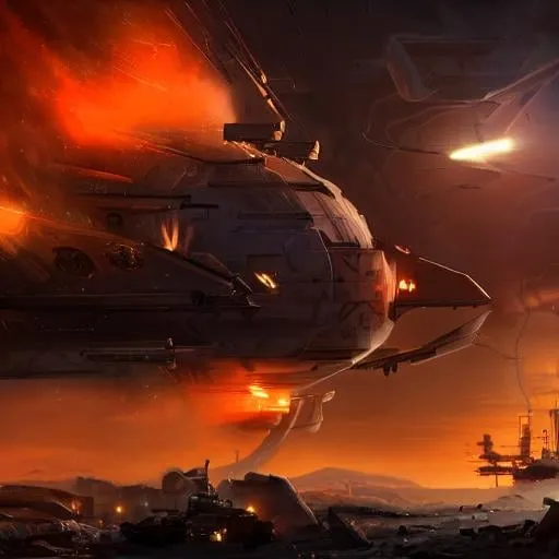 Prompt: warzone, futuristic, mechanical, smoke, fire, ships, explosion,