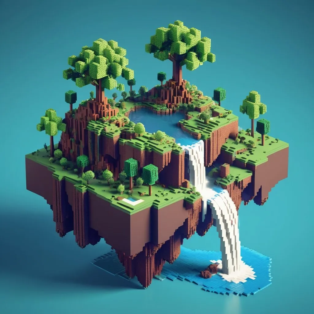 Prompt: voxel 3d render, blocks, floating island with trees and waterfall going over the side