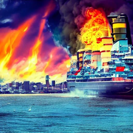 Prompt: ship, futuristic, mechanical, smoke, fire, explosion, high colour, city