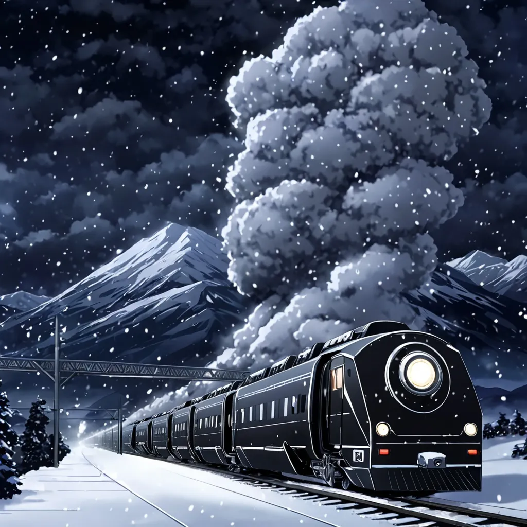 Prompt: anime, black armoured bullet style train, heavy blowing snow, night time, blizzard, far viewpoint, cloudy sky, mountain background