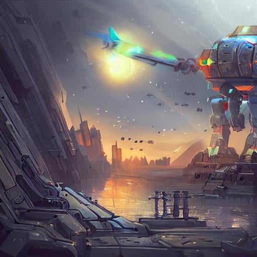 Prompt: Mechanical Dawn, Technology City, epic fantasy art, ship, robot, street