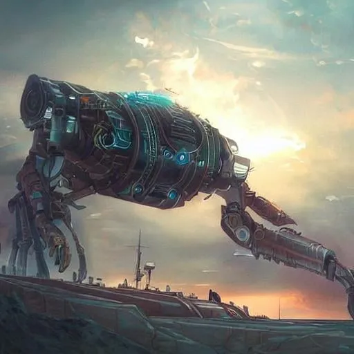 Prompt: Mechanical Dawn, Technology City, epic fantasy art, ship, extraterrestrial, robot