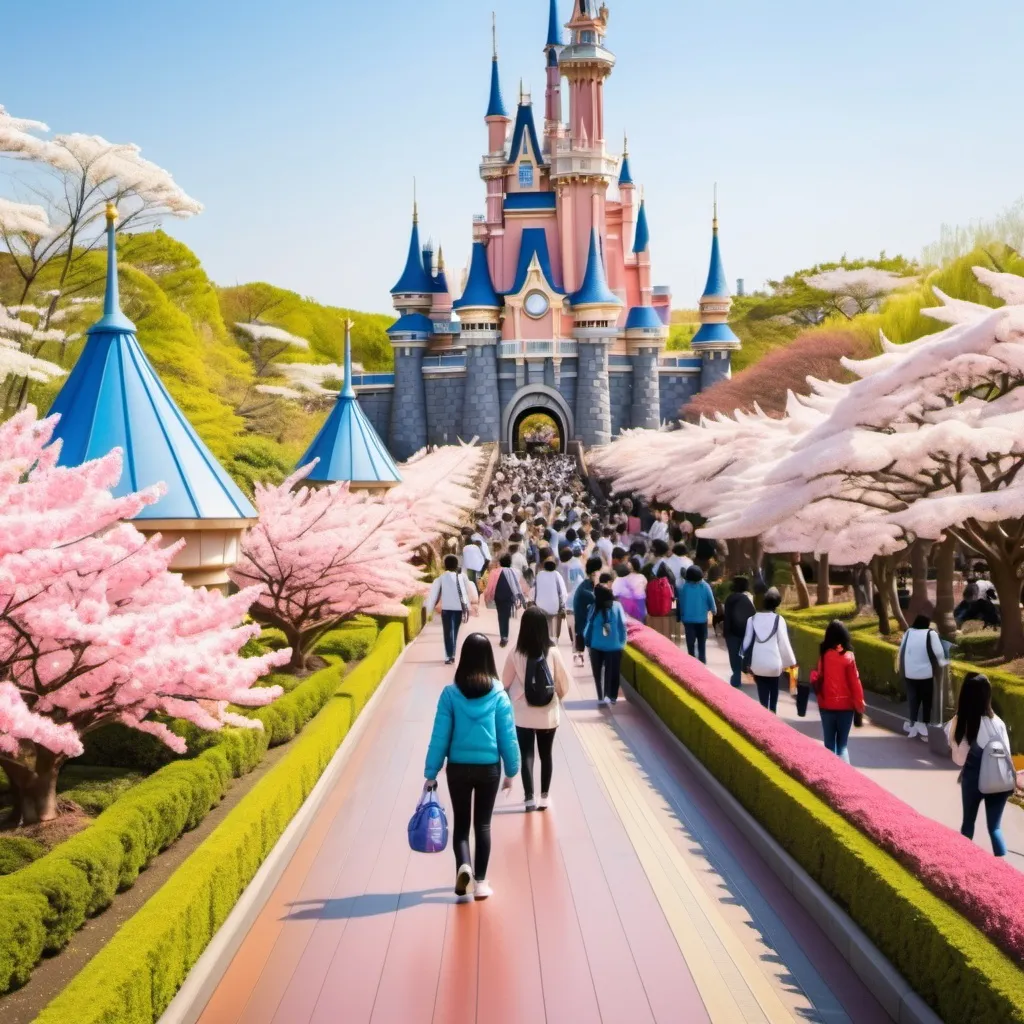 Prompt: Tokyo Disney land with many visitors in the spring season, bright sunny days.