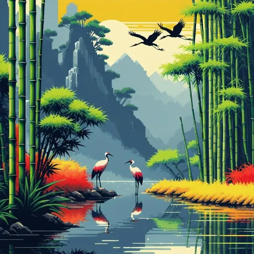 Prompt: Bamboo and Cranes. 邊景昭, primary colors art deco  Sega Genesis landscape pixel art oil pointed pixel dithering 