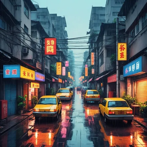 Prompt: Guangzhou neighborhood narrow streets modern, heavy rain, sunset summer colorful lights, crowded, cars, south of Yuexiu District, China texture mixed pixelart NES video game style primary colors 128-bit color-scale