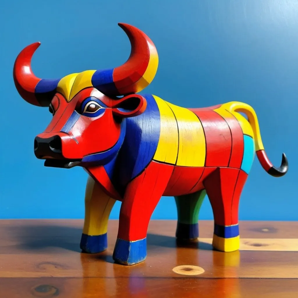 Prompt: Bali primitive art wooden carved Bull , primary colors art deco Nintendo DS pixelart