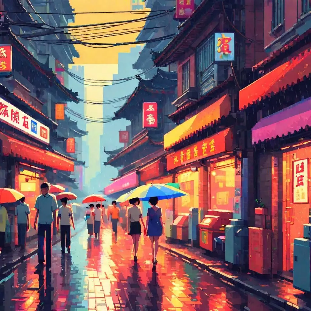 Prompt:  Miss Yang, elegant Lady, astonishing display by any means, walking close-up, in Guangzhou neighborhood narrow streets modern, heavy rain, sunset summer colorful lights, crowded people, cars, south of Yuexiu District, China texture mixed pixelart NES video game style primary colors 128-bit color-scale