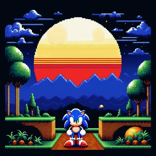 Prompt: Sonic full moon primary colors art deco  Sega Genesis landscape pixel art oil pointed pixel dithering 