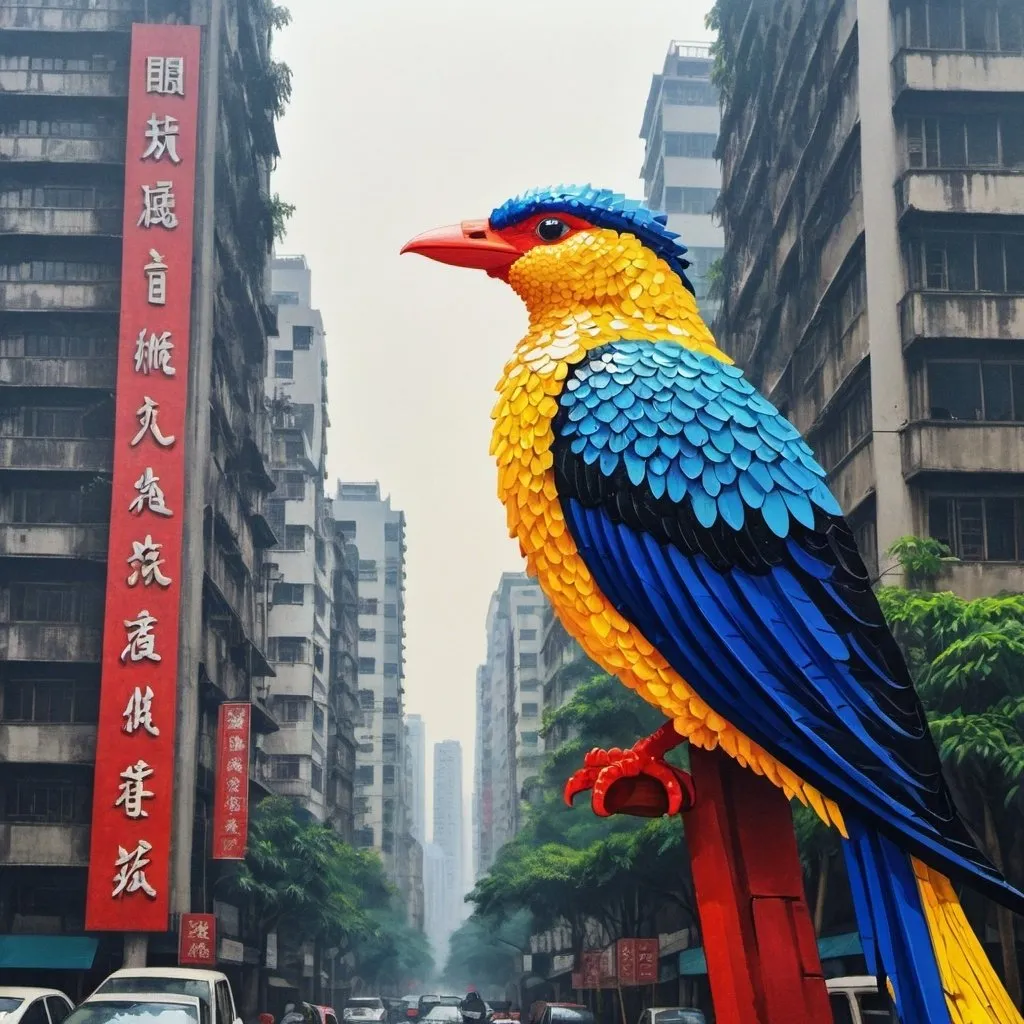 Prompt: 快樂鳥 幸福命 Guangzhou, south of Yuexiu District, China oil painted pixelart art deco primary colors high contrast.