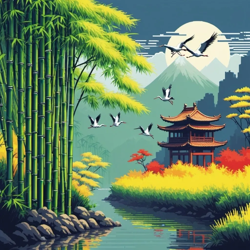 Prompt: Bamboo and Cranes. 邊景昭, primary colors art deco  Sega Genesis landscape pixel art oil pointed pixel dithering 