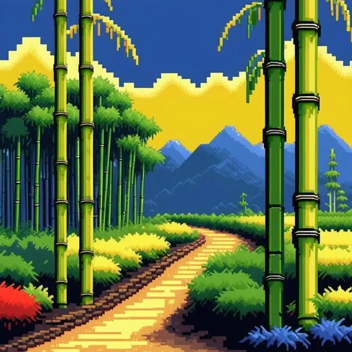 Prompt: Big Bamboo Stick, primary colors art deco  Sega Genesis landscape pixel art oil pointed pixel dithering 