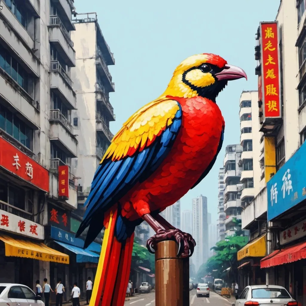 Prompt: 快樂鳥 幸福命 Guangzhou, south of Yuexiu District, China oil painted pixelart art deco primary colors high contrast.