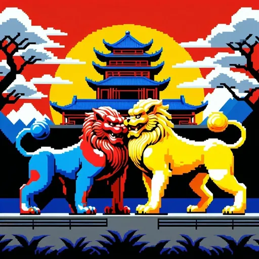 Prompt: Chinese guardian lions, primary colors art deco  Sega Genesis landscape pixel art oil pointed pixel dithering 