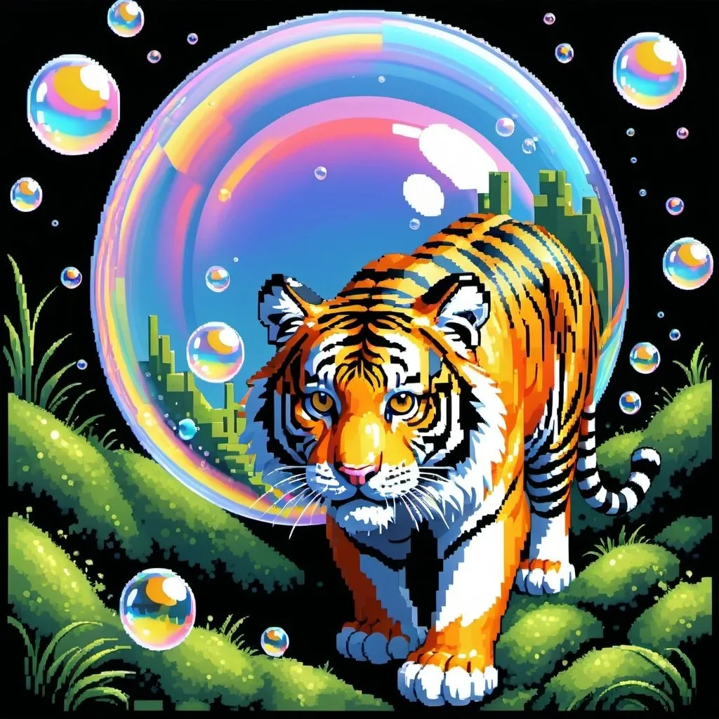 Prompt: Tiger soap bubble's gleam, texture mixed pixelart NES video game style Art deco mixed  primary colors 128-bit color-scale lanscape realistic rendering