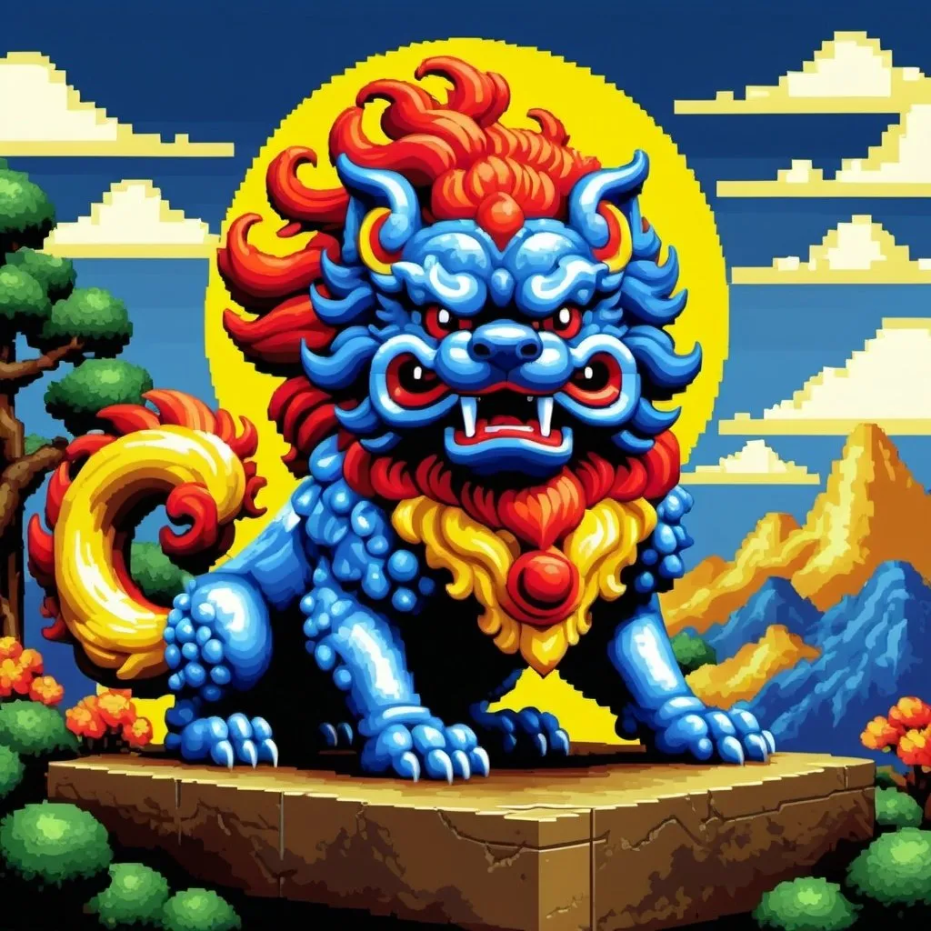 Prompt: Foo Dog, primary colors art deco Sega Genesis landscape pixel art oil pointed pixel dithering