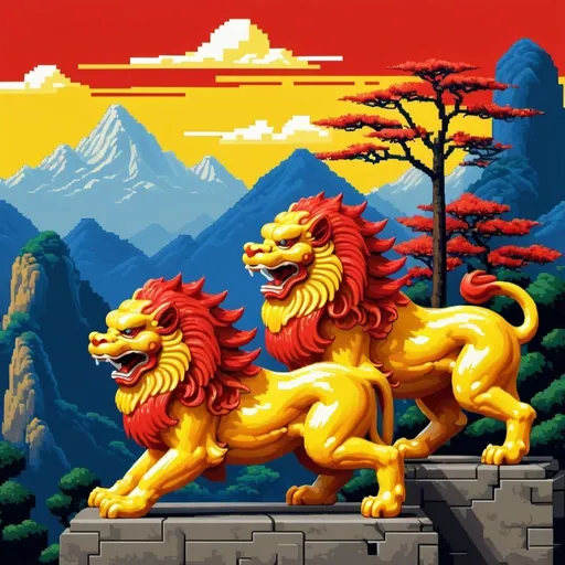 Prompt: Chinese guardian lions, primary colors art deco  Sega Genesis landscape pixel art oil pointed pixel dithering 