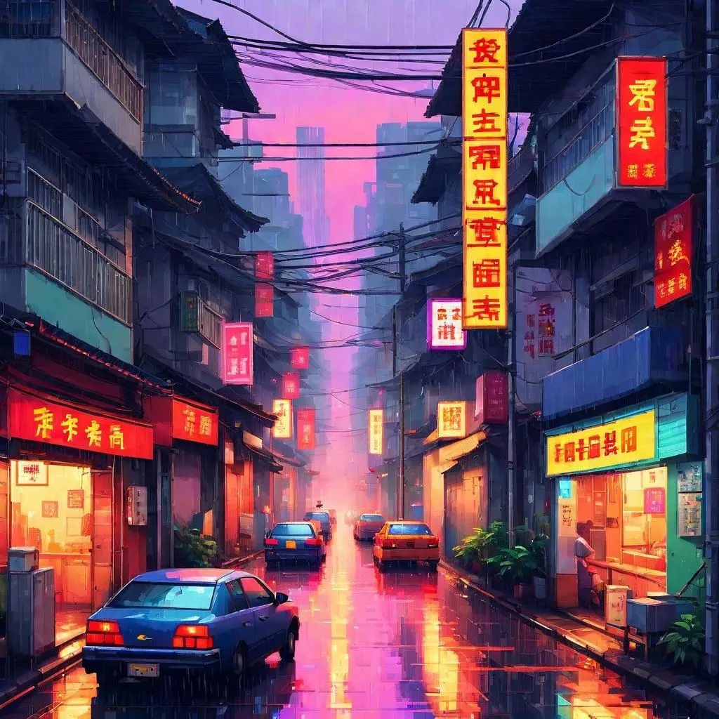 Prompt: Guangzhou neighborhood narrow streets modern, heavy rain, sunset summer colorful lights, crowded, cars, south of Yuexiu District, China texture mixed pixelart NES video game style primary colors 128-bit color-scale