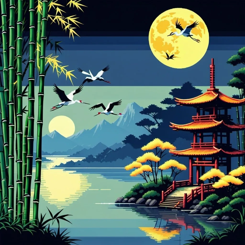 Prompt: Bamboo and Cranes. 邊景昭, full moon primary colors art deco  Sega Genesis landscape pixel art oil pointed pixel dithering 