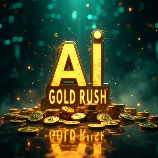 Prompt: Envision a striking image titled "The AI Gold Rush," with the text dramatically dripping in brilliant gold against a stark black and white font. The backdrop pulses with a futuristic tech-themed ambiance, featuring abstract circuit patterns illuminated by soft neon glows in deep azure and emerald. Dollar signs and digital coins scatter throughout the scene, subtly shimmering as they reflect the gold lettering above. A misty haze, suggesting a sense of urgency and competition, lingers in the air, while rays of light break through, creating a dynamic interplay of shadow and brilliance. This scene could be rendered in sleek digital art with a high contrast, emphasizing the modernity and tension of the gold rush theme, inviting viewers to immerse themselves in this bustling technological frontier.