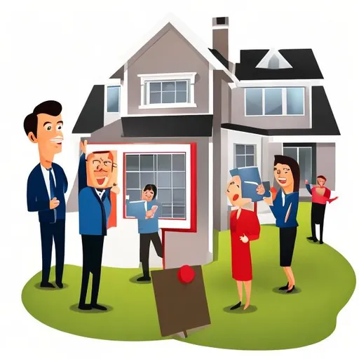 Prompt: Make a cartoonish image of people bidding on a house