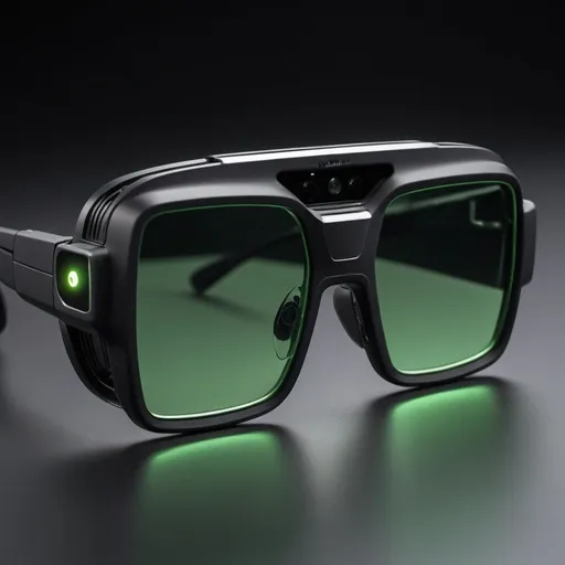 Prompt: A product close up. No human face. A wayfare model with 3 camera on each side frame and central wide lens in front. have some visible sensors with light green light coming out of it. black color solid square shaped black tinted lens
