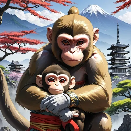 Prompt: An anime Japanese monkey warrior hugging another smaller Japanese monkey with a beautiful setting in the background
