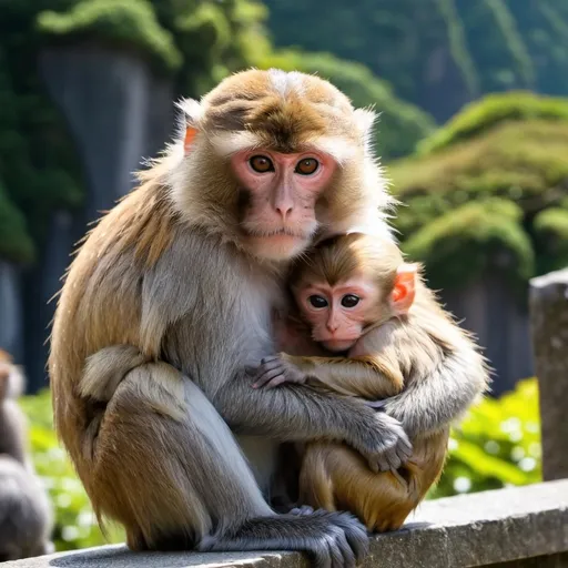 Prompt: A Japanese monkey hugging another smaller Japanese monkey with a beautiful setting in the background