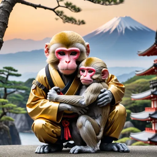 Prompt: A Japanese monkey warrior hugging another smaller Japanese monkey with a beautiful setting in the background