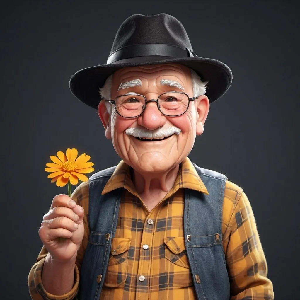 Prompt: a cute 2D bumpy and little bit chubby grandpa with black fedora hat on his head wearing a flannel shirt and jeans with a black belt, he is holding a small marigold flower in his right hand, he has a kind and friendly and happy expression on his face without mustaches and beard