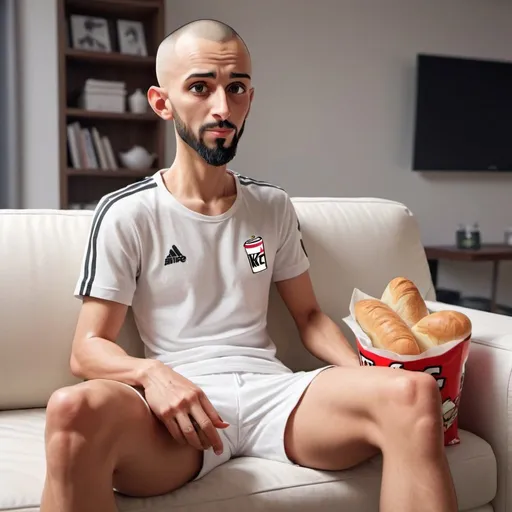 Prompt: Hairless cartoon young man with KFC bags, very short hair, short beard, watching football game at home , hairless, side short hair, bread, Arabian brown skin, realistic,Details, hd, white nike shoes, oval body , white sofa, nike t shirt, black hair , relevant, love food, real madrid fan