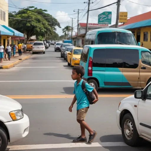 Prompt: An upclose side view of a kid (zoomed to the side profile of the kid) crossing in a crosswalk. This takes place in current day Guyana, 2024. Make one of the kids of Indian descent. There should be minibuses and cars.
