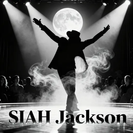 Prompt: A Michael Jackson silhouette in black and white with the words SIAH Jackson, LIKE an album cover
