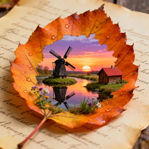 Prompt: This is a photograph of a highly detailed, whimsical, and imaginative artwork. The central focus is a large, vibrant orange autumn leaf, which serves as a frame. The leaf is textured with fine veins and covered in small, glistening water droplets. Inside the leaf, there is a miniature, realistic scene of a picturesque countryside landscape. In the middle of the scene is a traditional, rustic windmill with a dark wooden structure and black sails, standing on a small grassy island. The windmill is reflected in a calm, mirror-like river that surrounds the island. The background features a serene sunset with warm hues of orange, pink, and purple in the sky, casting a golden glow over the scene. To the right of the windmill, there is a small, wooden cottage with a red-tiled roof. The foreground of the leaf frame includes tiny, delicate flowers and greenery, adding to the charm of the scene. The leaf is positioned atop an old, yellowed piece of paper with cursive writing, adding a vintage feel to the composition. The overall style is magical realism, blending realistic elements with fantastical ones to create a captivating and enchanting image.