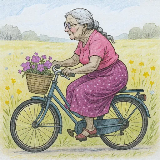 Prompt: Az ábrán egy rajzolt idős hölgy látható, aki kerékpáron ül, és egy kosár virággal teker a réten. A hölgynek ősz haja van, copfba fonva, rózsaszín felsőt és pöttyös szoknyát visel. A kosárban lila virágok vannak.
