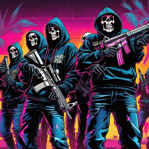 Prompt: Retro 80s art of 8 skeletons in black hoodies and jeans, holding M4 assault rifles, with cigars in their mouths, high-quality, detailed, retro, 80s, skeletons, hoodies, jeans, M4 assault rifles, cigars, urban setting, atmospheric lighting, intense gaze, colorful, high contrast, vibrant